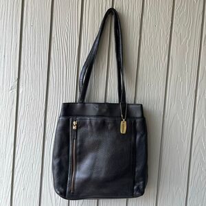 VTG Evan-Picone Black Leather Tote Bag Full Grain Brass Hang Tag Multi Pocket Pu